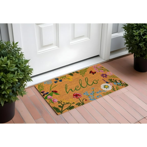 HomeRoots 555201 17 x 29 in. Natural & Green Coir Floral Hello Outdoor Door Mat