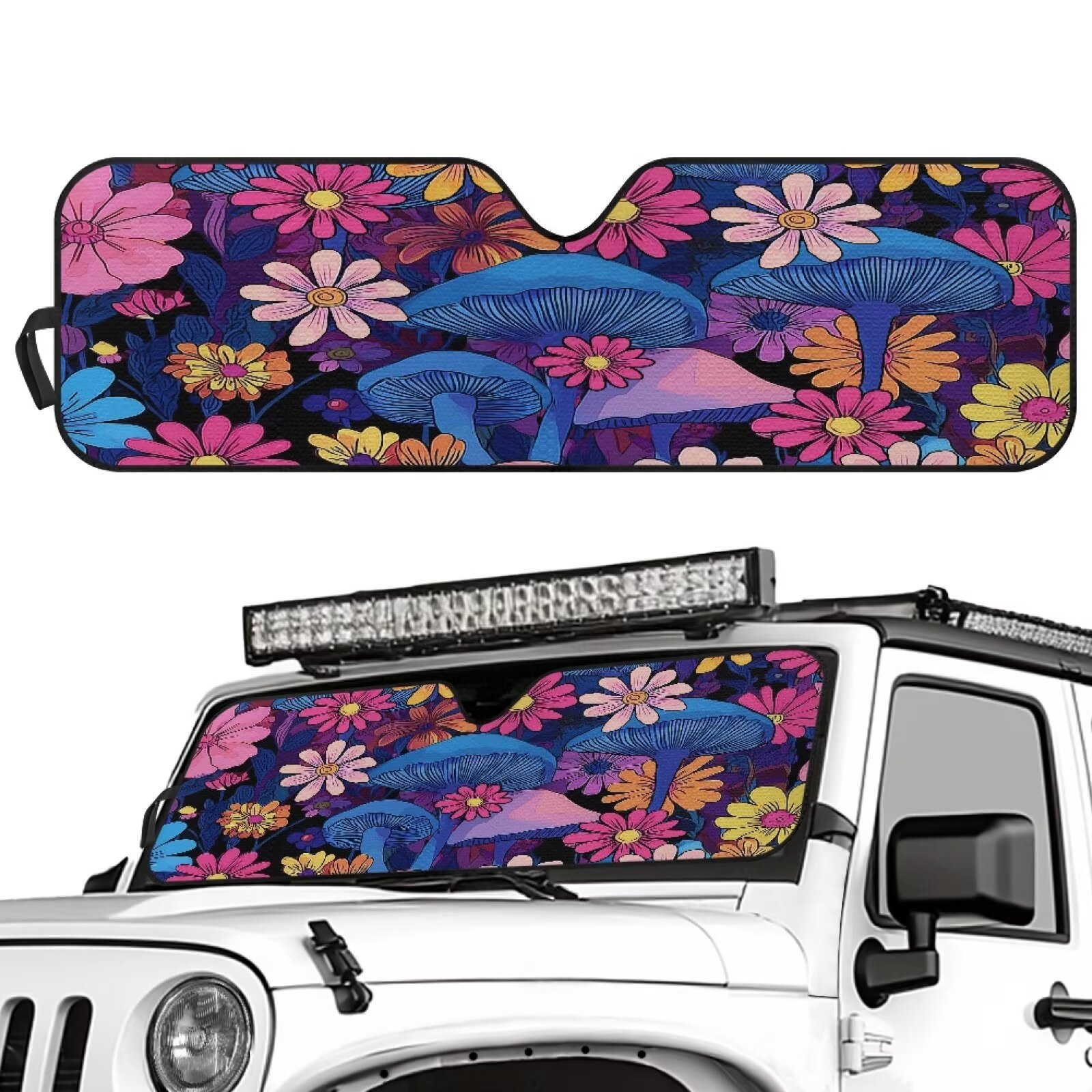 Uorisanigo Windshield Sun Shade Compatible with 2018-2025 Jeep Wrangler JL & 2/4 Door 4XE & 2020-2025 Jeep Gladiator JT 16.14"x52.95" Aesthetic Mushroom Front Window Sun Shade for Accessories