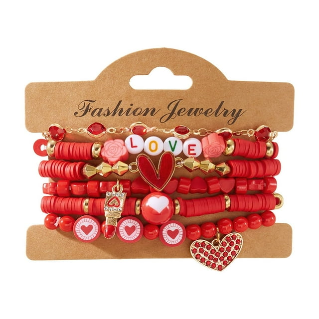 Cheapark 5 Piece Valentines Day Heart Bracelet Set for Women Red Gift Polymer Clay Beaded Stretch Bracelet Stackable Jewelry Gift