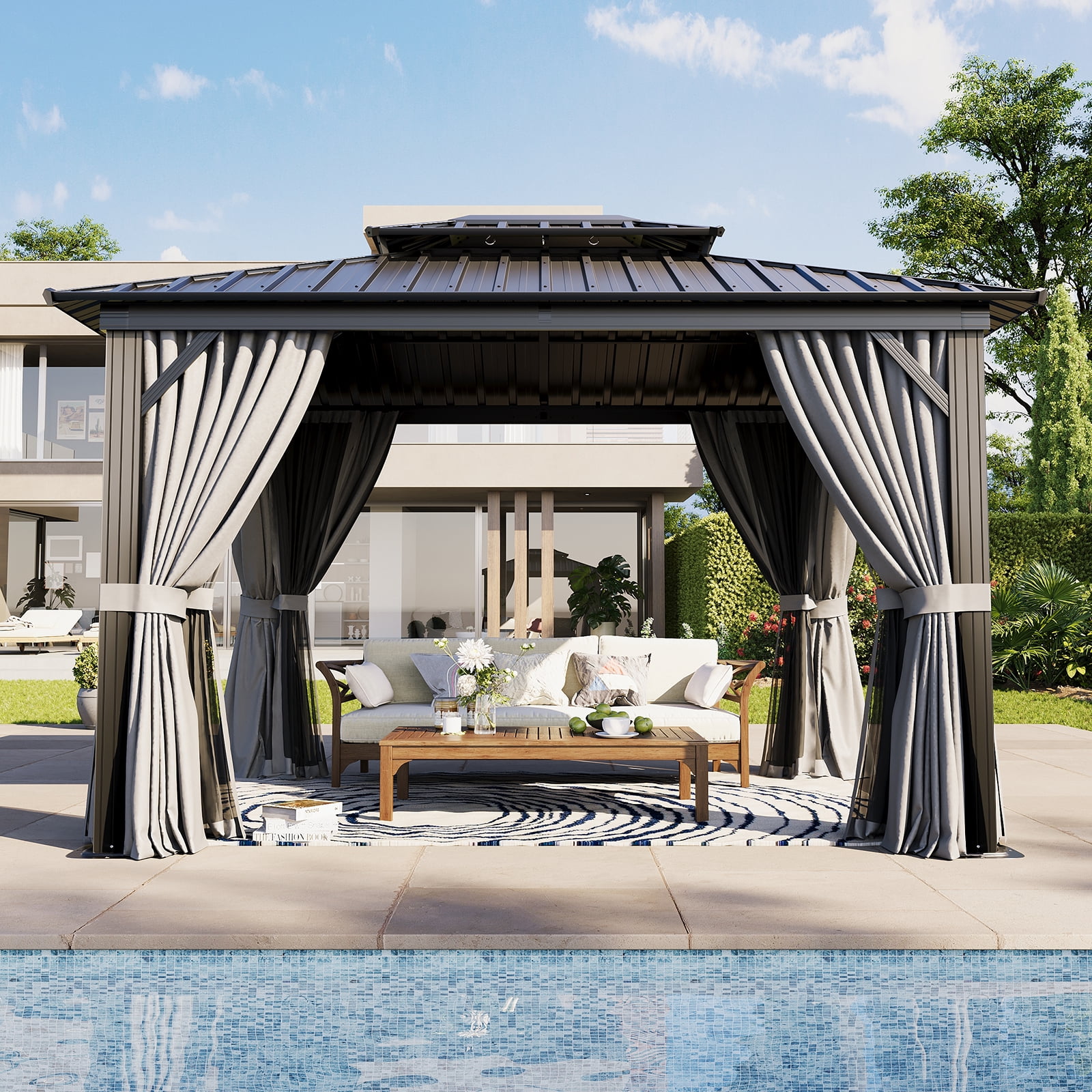 BREEZESTIVAL 10'x12' Hard Top Gazebo Galvanized Steel Double Top , Permanent Aluminum Gazebo, Hardtop Gazebo, Outdoor Metal Gazebo with Privacy Curtains And Nets for Parties, Gardens, Decks, Black