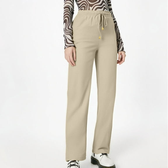 Beige Cargo Pants Women Linen Pants Women Summer Wide Leg Pants Elastic Waist Pants High Waisted Pants Casual Beach Trousers Woman Pants Clearance