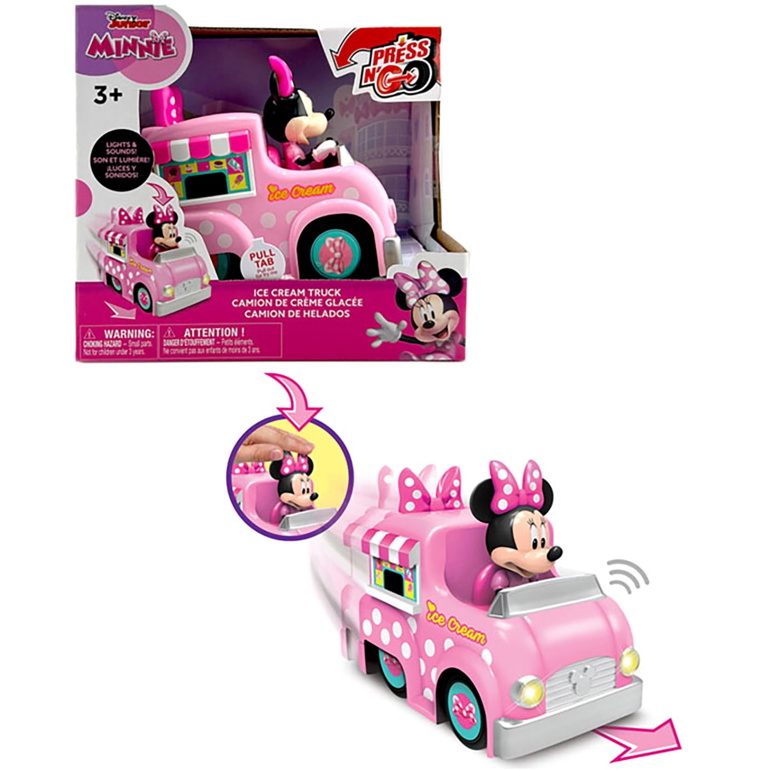 Disney Junior: Press N' Go - Minnie Mouse Ice Cream Truck - 5.5” Pink & White Toy Vehicle, Flashing Lights & Sounds Car, Desserts Shop Play, Kids 3+