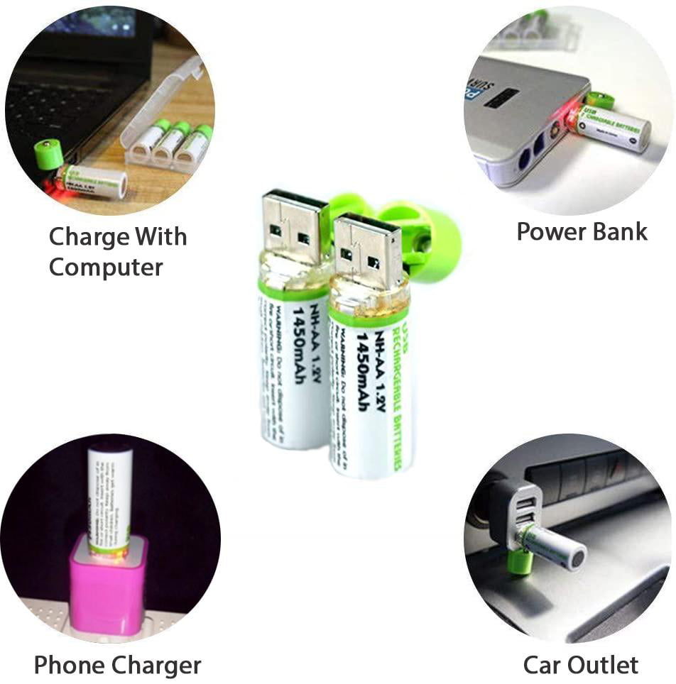 NiMH Double A 1.2v 1450 mAh 2 Pack Quick Charge USB Charger GreenEarth USB Rechargeable AA Batteries 500 Cycles Reusable 