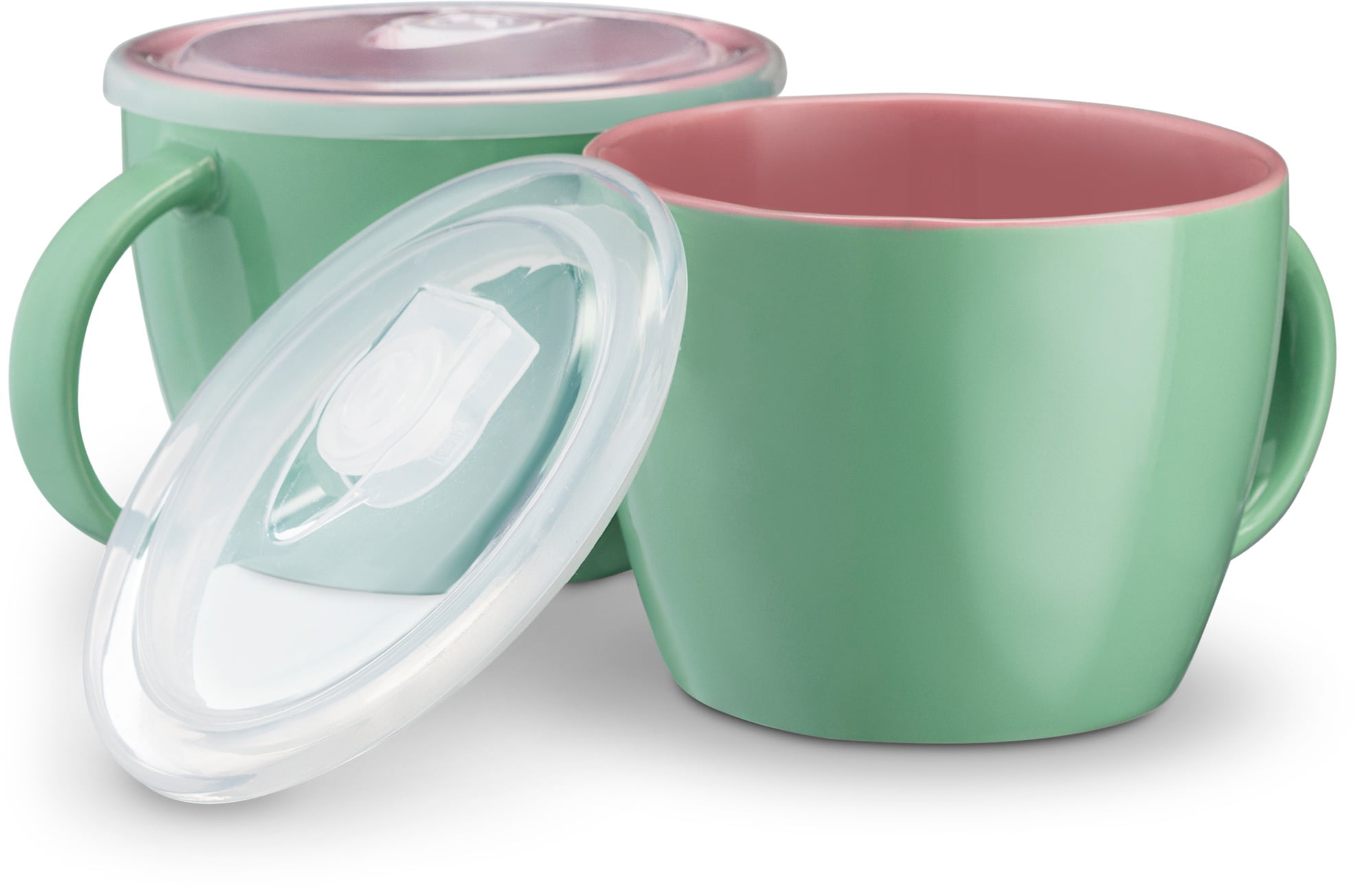 Kook Ceramic Soup Mugs with Lids , 25 oz, Set of 2 , Mint/Coral