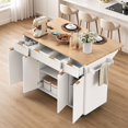 thumbnail image 3 of 55.5'' Kitchen Island with Storage, Rolling Kitchen Cart with Drop Leaf, Power Outlet USB Port, 4 Doors 3 Drawers, Faux Marble Top, Fluted Design, White, 3 of 15