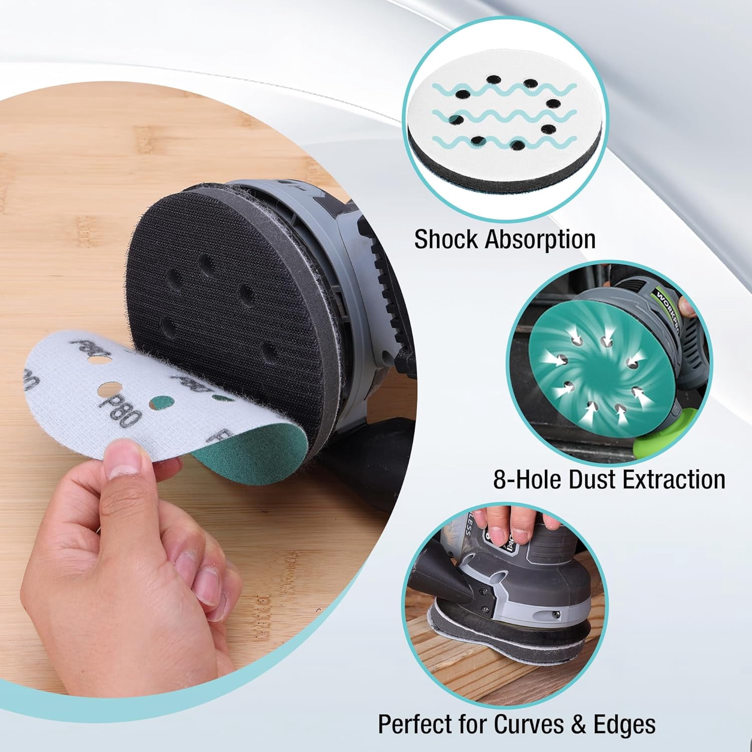 5 Inch Orbital Sander Interface Pads and Sanding Discs, 4 Foam Buffer Pads & 8 Grit (80/120/240/320), 8 Hole Hook and Loop Soft Cushion Sponge Backing for Sander