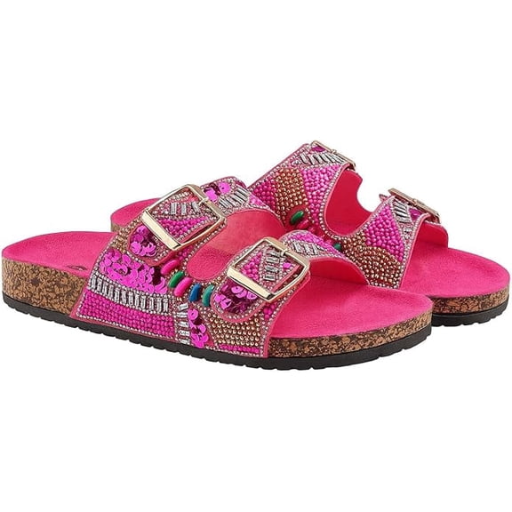 Women's Fancy Beaded Handmade Sequin Slide Sandals with Buckle Straps, Pink, 8
