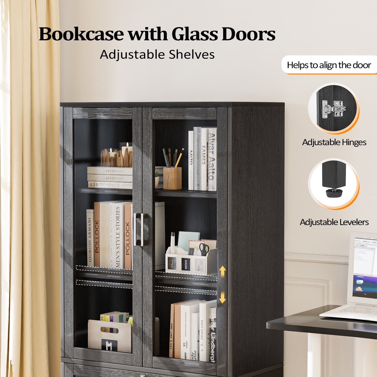 Ktaxon Lockable 4 Tier File Cabinet Bookcase with Letter+Legal Size Drawer&Adjustable Shelves, Wood Bookshelf Storage with Glass Door, Black