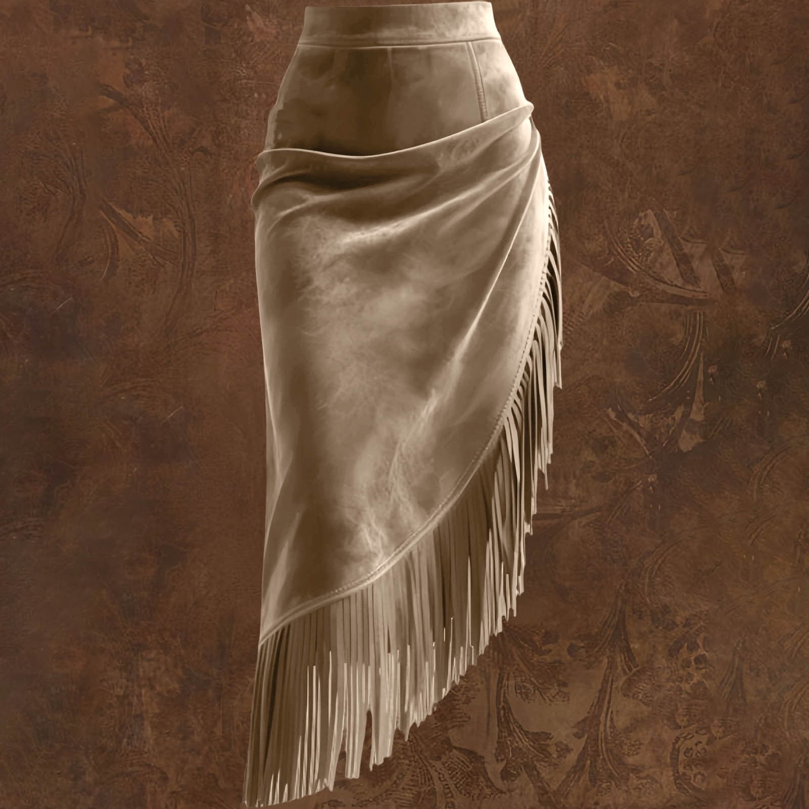 Women's Fringe Suede Maxi Skirt Western Style Asymmetric Ruched Bodycon Side Slid Cowgirl Tassel Long Skirts
