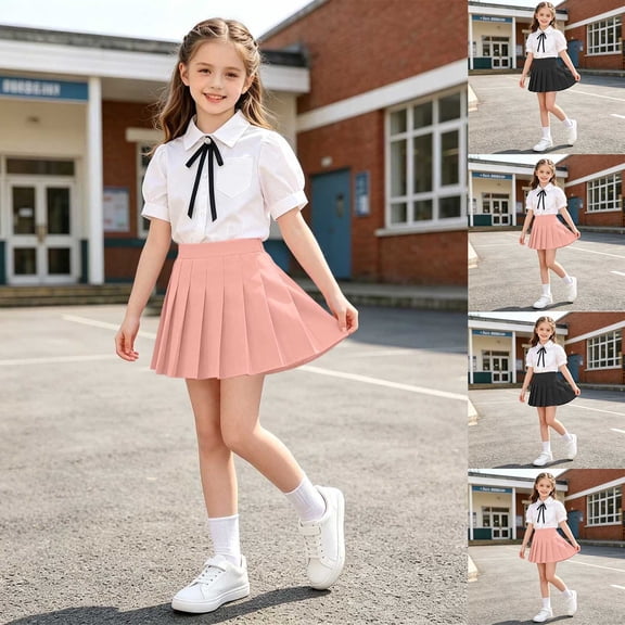 Fancifize Girls' 2 Piece Skirts Sets Puff Short Sleeve Shirts and Pleated Mini Skirts Kids Preppy Look Outfits