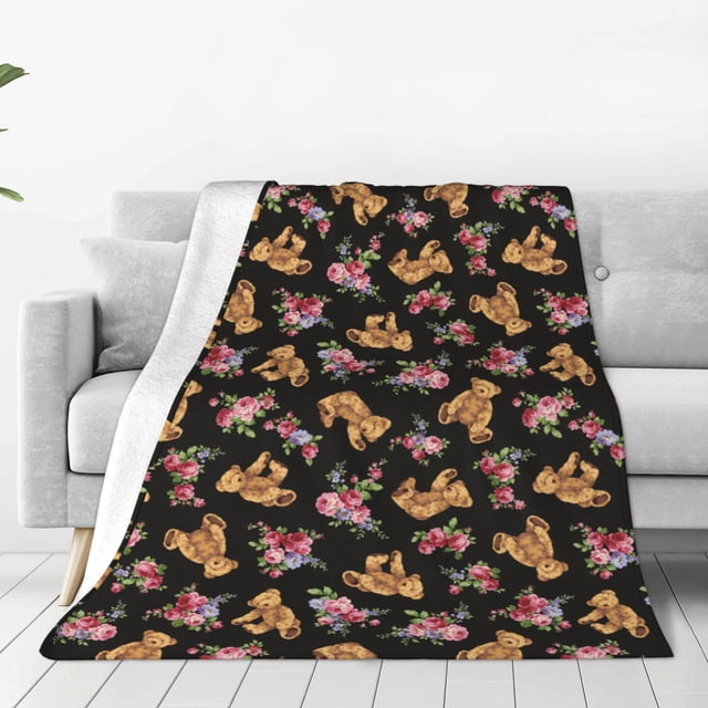 Balery Rose Flower Bear Manta de Felpa Suave y Acogedora – Cobija de Franela Aterciopelada para Cama, Lavable y Cálida para Sofá, Mascotas, Transpirable-80"x60"