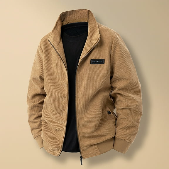 PiGOGI Men's Solid Color Long Sleeve Lapel Button Cardigan Thick Corduroy Lamb Wool Jacket Khaki XL