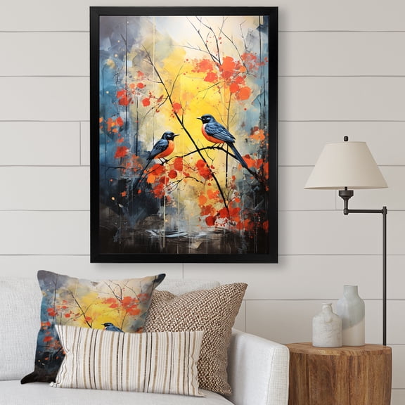 Designart "Eastern Bluebird in Blue and Yellow Forest" Animals Framed Wall Art - Shabby Chic Blue Bird Floral Living Room Framed Canvas Art