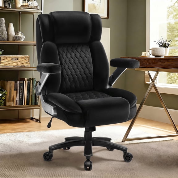 PUKAMI Big and Tall Office Chair 600lbs with 5D Flip Arms, Heavy Duty Executive Office Chairs, Ergonomic Desk Chair with Adjustable Lumbar Support & Rubber Wheels, Velvet Fabric