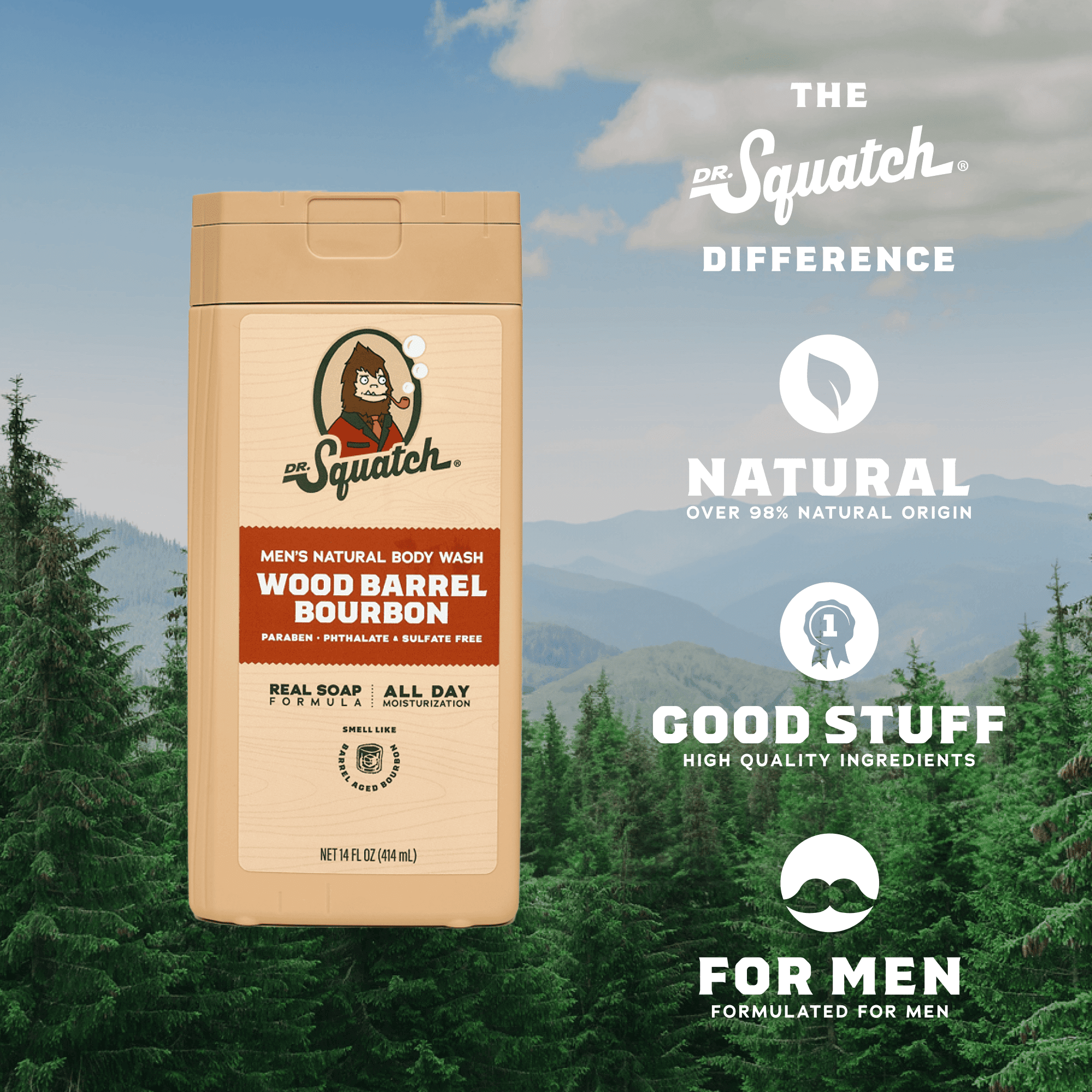 Dr. Squatch Mens Natural Body Wash, Sulfate Free Moisturizing Body Wash for men, Wood Barrel Bourbon, 14 fl Oz