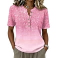 thumbnail image 3 of Abstract Geometric Print Henley Blouse for Women - Short Sleeve V-Neck Button Down Tunic, Casual Loose Fit Summer Top Pink XXL, 3 of 9