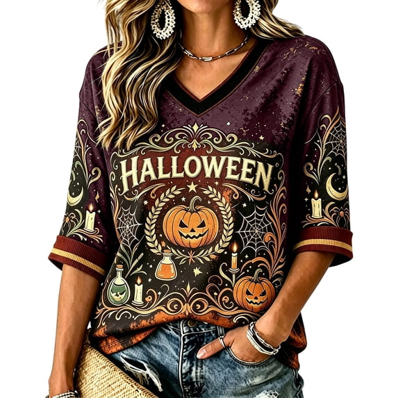 3/4 Sleeve Halloween Tops for Women Soft V Neck T Shirts Spooky Pumpkin Ghost Print Tee Casual Holiday Top
