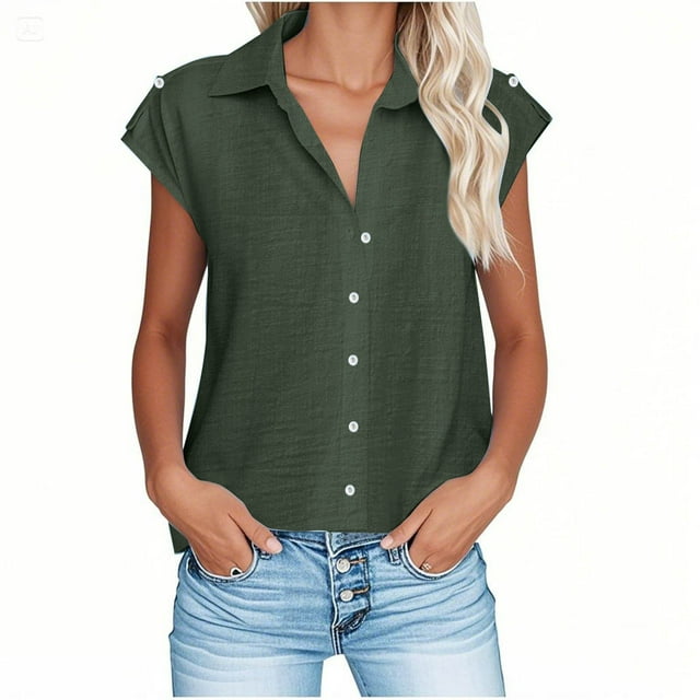 Camisas de Color Sólido para las Mujeres, Moda de Verano Botón de Manga Corta Sollar Blusa para el Uso Casual Y Diario