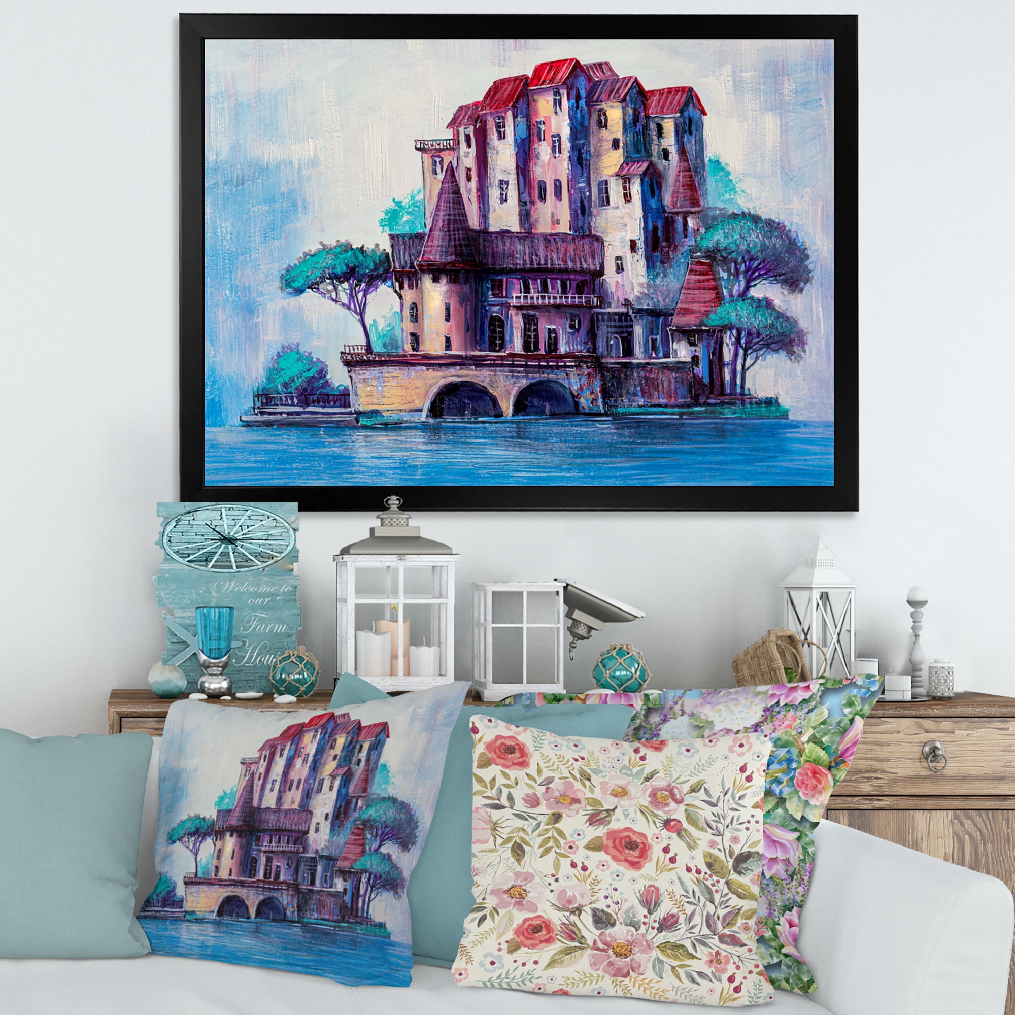 Designart 'Ancient City Skypscrapers By The Bridge' Traditional Framed Art Print
