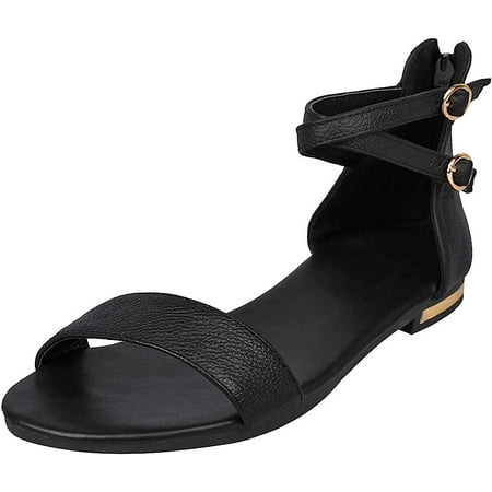 

Women s Genuine Leather Crossing Ankle Straps Sandals Flat Open-toe Back Zipper Summer Pumps Shoes