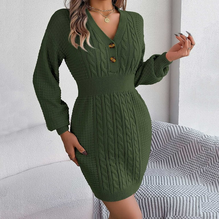 HJYCHN Women Long V Neck Button Front Stretch Knit Striped Sweater Dress  for Everyday Comfort and Style Green S - Walmart.com