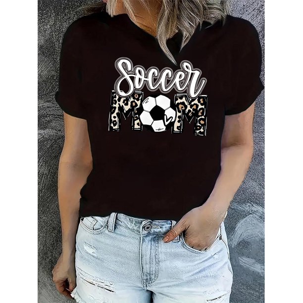 Camisetas de manga corta para mujer, cuello redondo, estampado floral, ajuste holgado, para verano, otoño 2025Soccer Mom Graphic Print T-Shirt - Casual Crew Neck Short Sleeve Top, Polyester Knit Fab