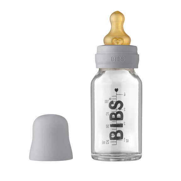 BIBS Baby Glass Bottle. Anti-Colic. Round Natural Rubber Latex Nipple. Supports Natural Breastfeeding, 110 ml, Cloud