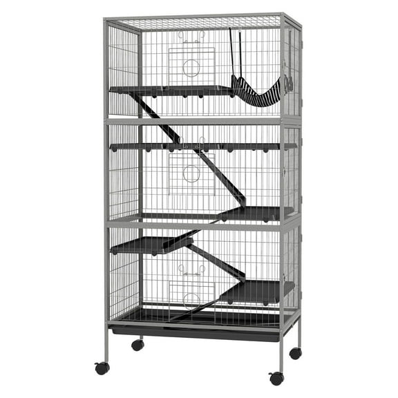 SAZYY 63" Tall Mobile Small Animal Cage with Hammock, 6 Access Doors & Removable Tray - Ideal for Chinchillas