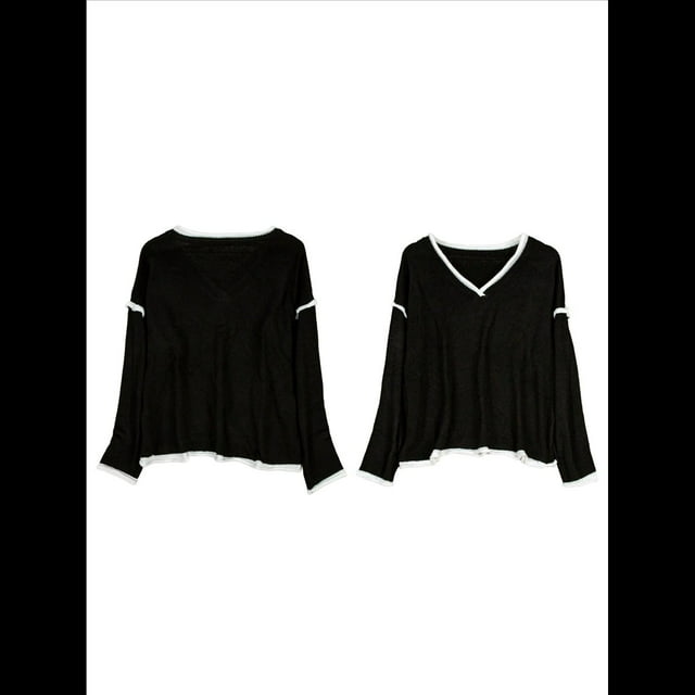Suéteres Casuales de Larga con Cuello en V para Mujer, Suéteres Sueltos de Punto Grueso y Suave, Sudaderas, Tops. Negro 4XL