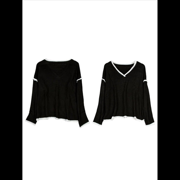 Suéteres Casuales de Larga con Cuello en V para Mujer, Suéteres Sueltos de Punto Grueso y Suave, Sudaderas, Tops. Negro XXL