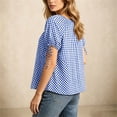 thumbnail image 6 of Edvintorg Button Up Shirt Women Plaid Printed Crew Neck Short Sleeve Loose Casual Blouses Summer Tops for Women Blue L, 6 of 8