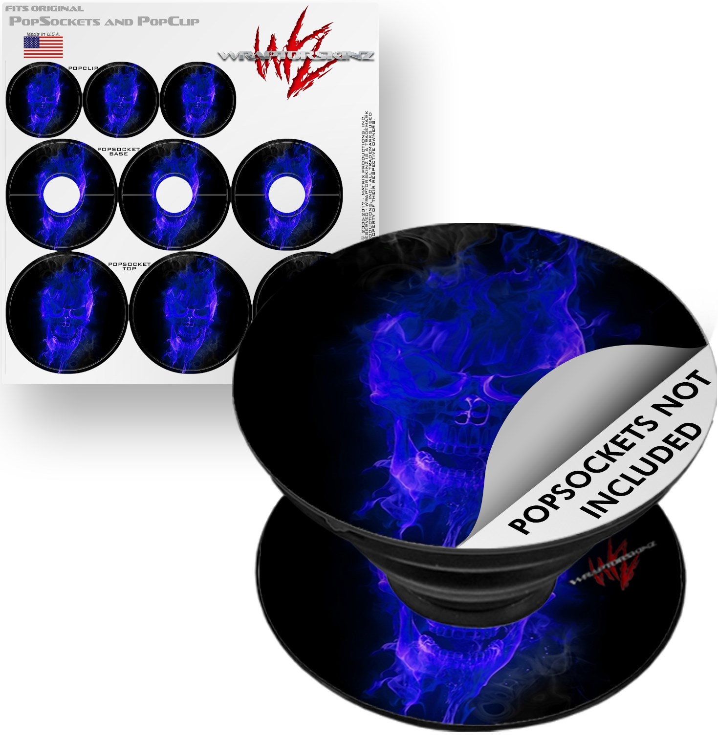 Decal Style Vinyl Skin Wrap 3 Pack for PopSockets Flaming Fire Skull Blue (POPSOCKET NOT INCLUDED) by WraptorSkinz