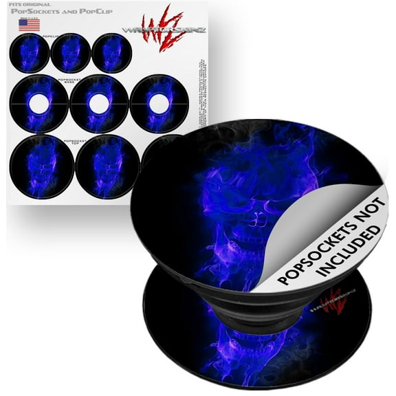 Decal Style Vinyl Skin Wrap 3 Pack for PopSockets Flaming Fire Skull Blue (POPSOCKET NOT INCLUDED) by WraptorSkinz