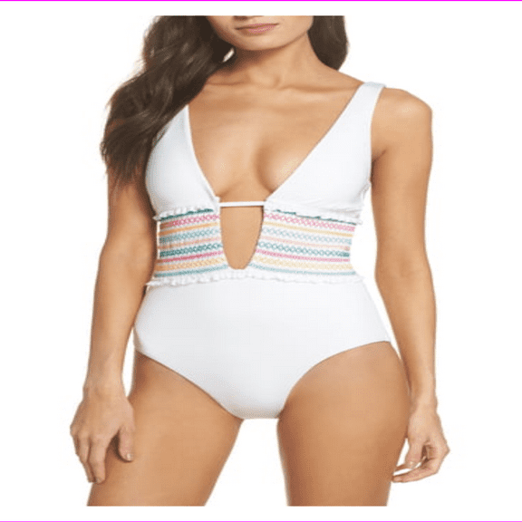 ISABELLA ROSE Women's Embroidered Smocked Keyhole Over The Shoulder One Piece Swimsuit White L