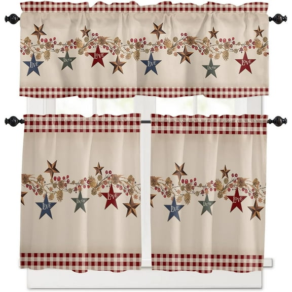 Country Star Live Laugh Love 3 Piece Kitchen Curtains Tiers and Valances Set, Rustic Berries Pine Cones Red Plaid Rod Pocket Short Window Treatment Tiers Curtains Panel and Valance for Cafe Bathroom