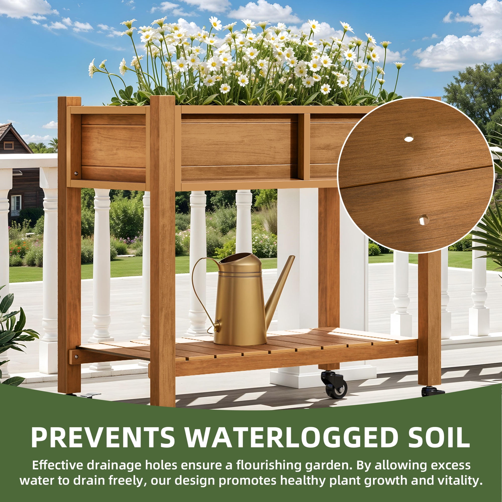 Uforic Elevated Planter Box with Wheels, Weatherproof HIPS Raised Garden Bed with Drainage, Natural