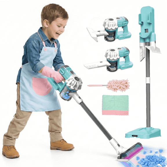 YCFUN 3-in-1 Kids Toy Vacuum, Cleaning Set with Apron, Duster, Cloth & Colorful Beads, Housekeeping Toys Gifts for Toddler