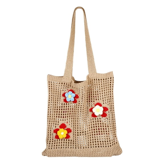 Beach Shoulder Bag, Beach Bag Flower Knitted Shoulder Bag Handbag Large Capacity Retro Mesh Hollow Tote Bag for Women