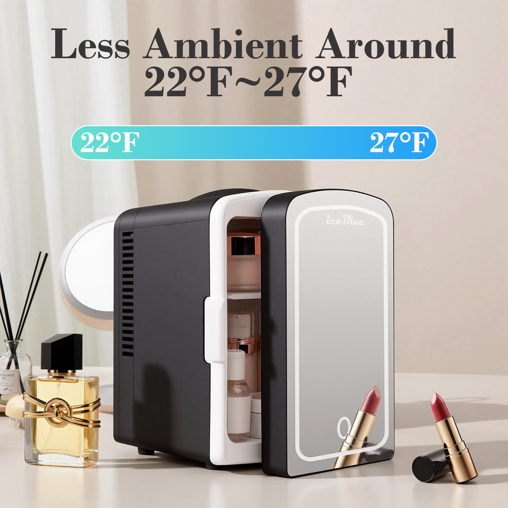 iceBlue LED Mirror Skincare Refrigerator- 4L Mini Fridge for Makeup & Drinks - Car/Home Portable Cooler