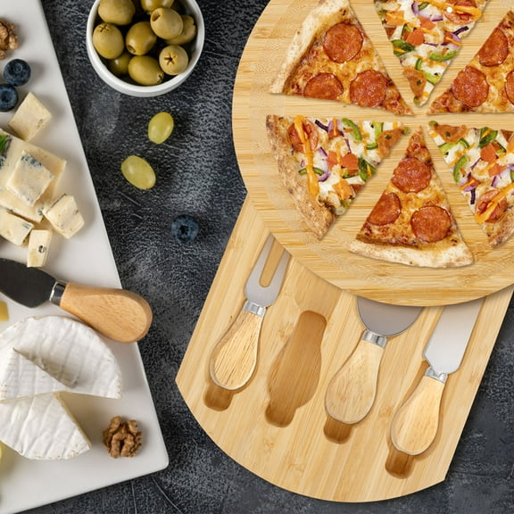 Round Cheese Board and Knife Set,Charcuterie Board Set and Cheese Serving Platter with Slide-Out Drawer,9.7 inch Cheese Cutting Board for Entertaining,Picnic,Party,Hotel