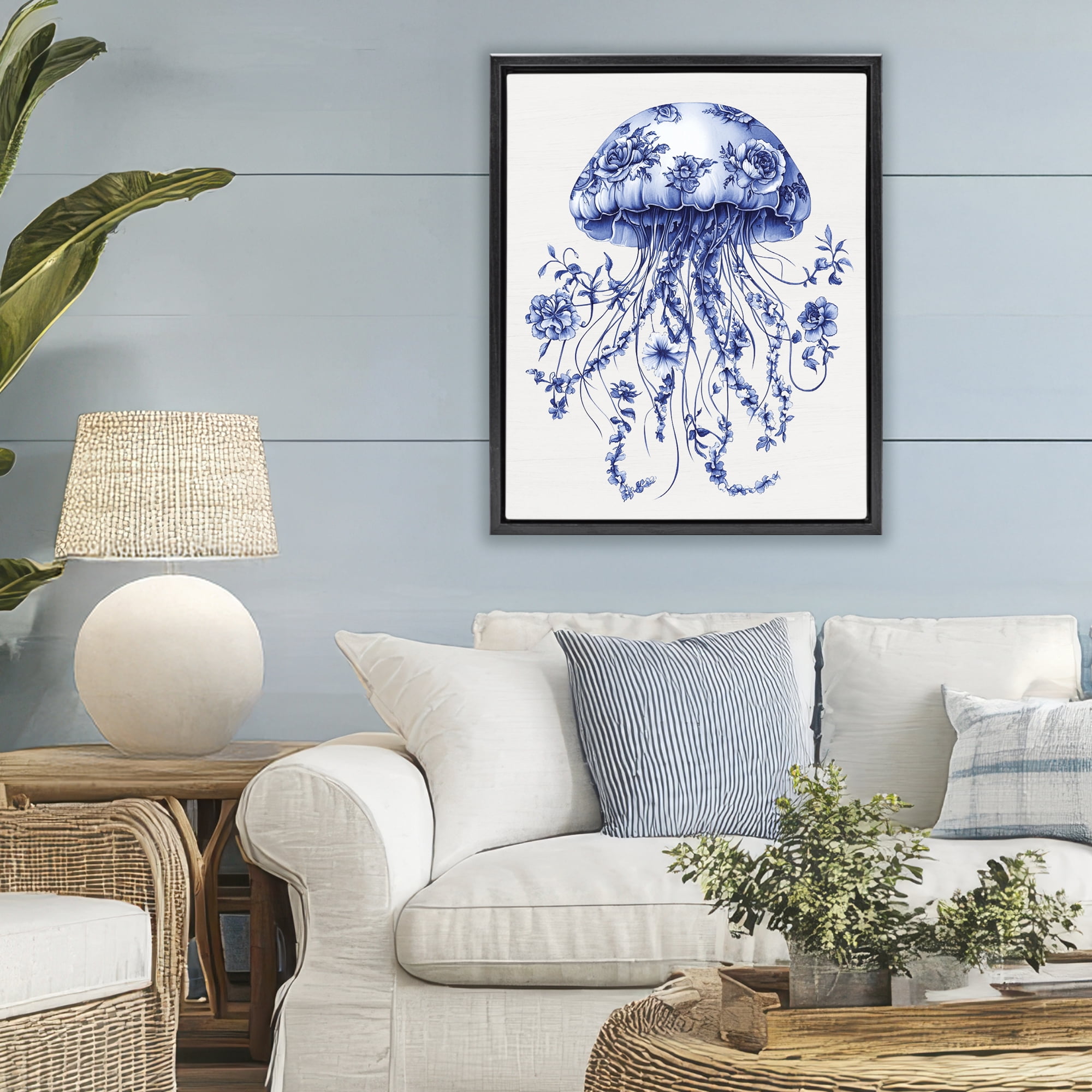 Funky Vintage Toile Jellyfish Black Framed Floater Canvas Wall Art, design by Lettered and Lined