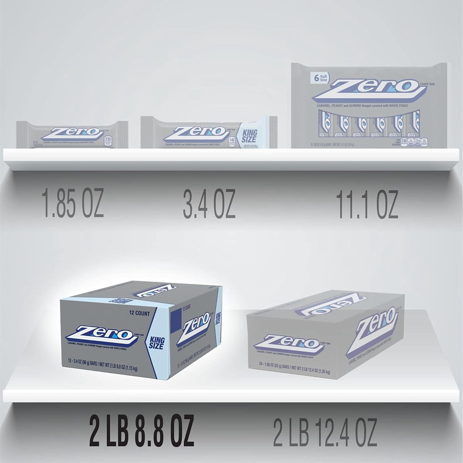 Zero Candy Bars 24 Pack 1.85 oz Each Caramel, Peanut, and Almond Nougat Covered with White Fudge Classic Retro Chocolate-Free Candy Bar