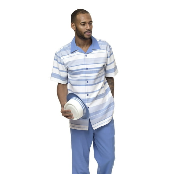 Montique Blue Walking Suit Plaid Short Sleeve Shirt Men's Leisure Suit 1855