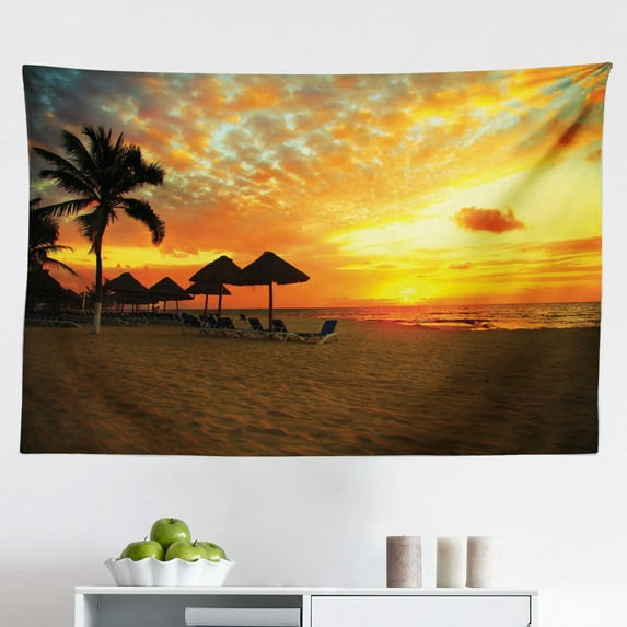 Seaside Tapestry, Couples Chairs on Sandy Beach Colorful Sky Scenery Nature Picture, Fabric Wall Hanging Decor for Bedroom Living Room Dorm, 2 Sizes, Orange Red Grey, by Ambesonne