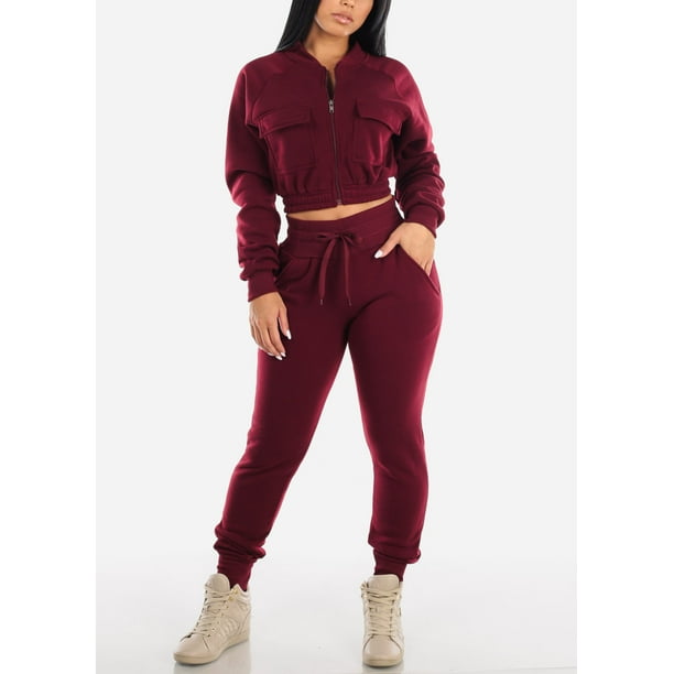 Moda Xpress - Womens Two Piece Set Zip Up Cropped Jacket And Jogger Pants Burgundy 2 PCE SET