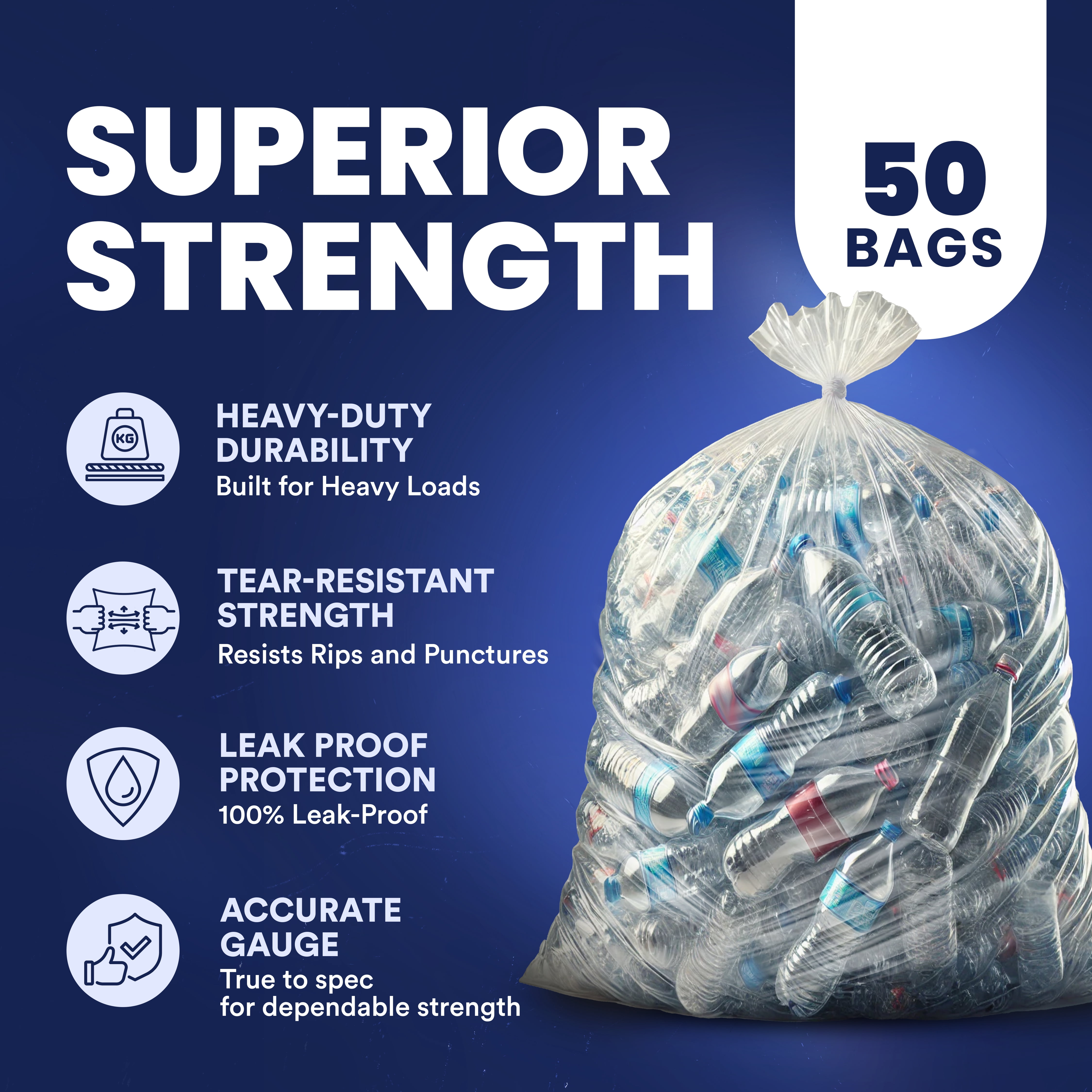 Plasticplace 95-96 Gallon Garbage Can Liners 1.5 Mil Clear Heavy Duty Trash Bags, 61 x 68”, 50 Count