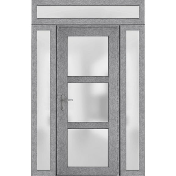 Front Exterior Prehung Metal-Plastic Door Frosted Glass / Manux 8552 Grey Ash / 2 Side and Top Window / Office Commercial and Residential Doors Entrance Patio Garage 60" x 94" Right-hand Inswing