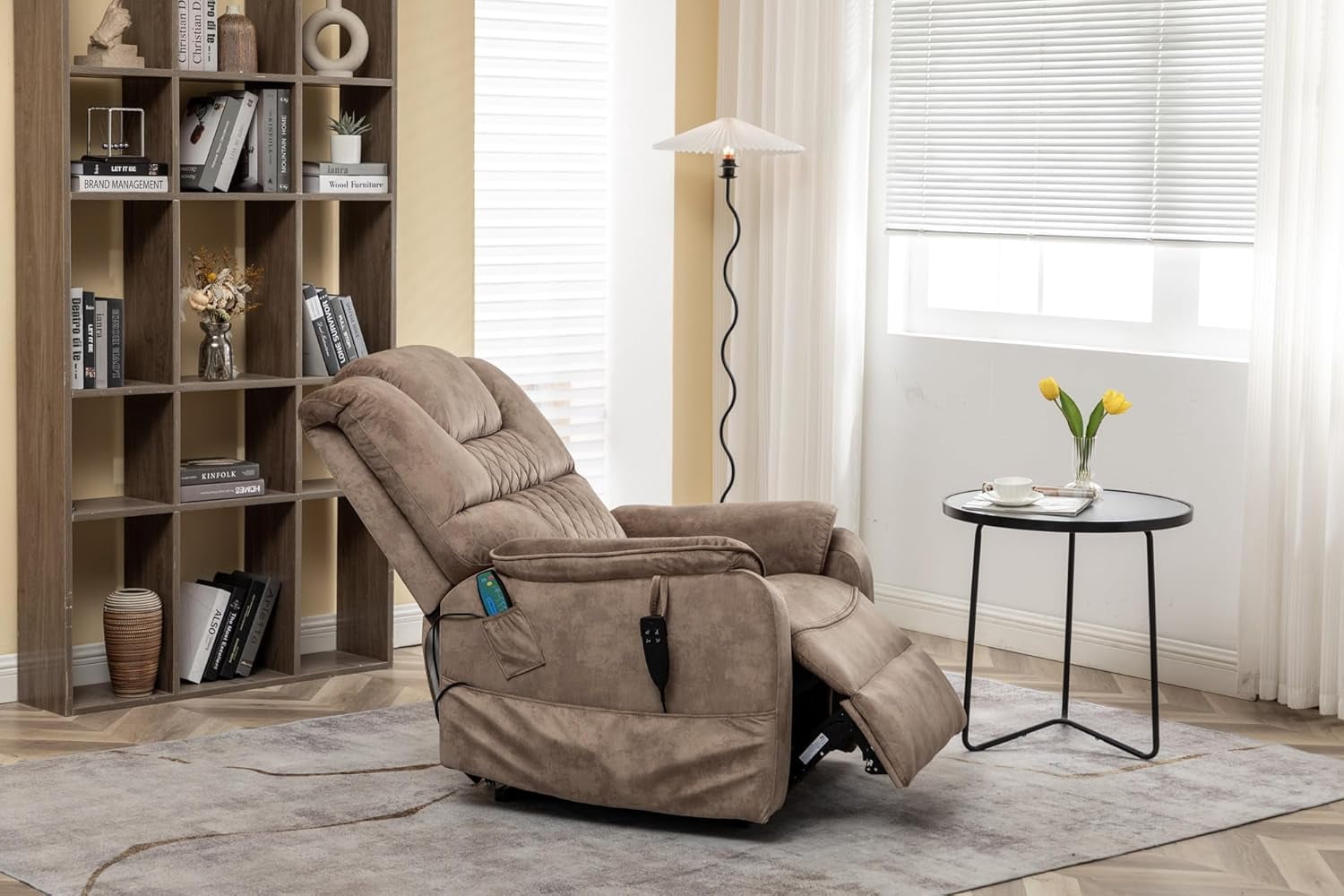 Dual Motor Power Recliner Chair Sofa, Lift Chair Lay Flat Recliners Chairs for Elderly Adults, Brown Velvet Recliners with Massage and Heat, Living Room Chair