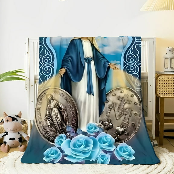 Ultra-Soft Flannel Throw Blanket with Virgin Mary Design - Cozy, All-Season Comfort for Sofa, Bedroom, Travel - Traditional Style with Golden Coins & Blue Roses, Ideal Holiday Gift