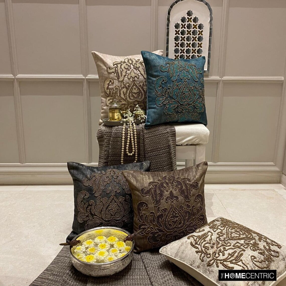 The HomeCentric Pillow Case Shams, Decorative Gold Pack of 2, 26x26 inch (65x65 cm) Throw Pillow Covers, Velvet Beaded, Damask & Foil Throw Pillows For Sofa, Abstract Victorian Style - Aureate Ivory